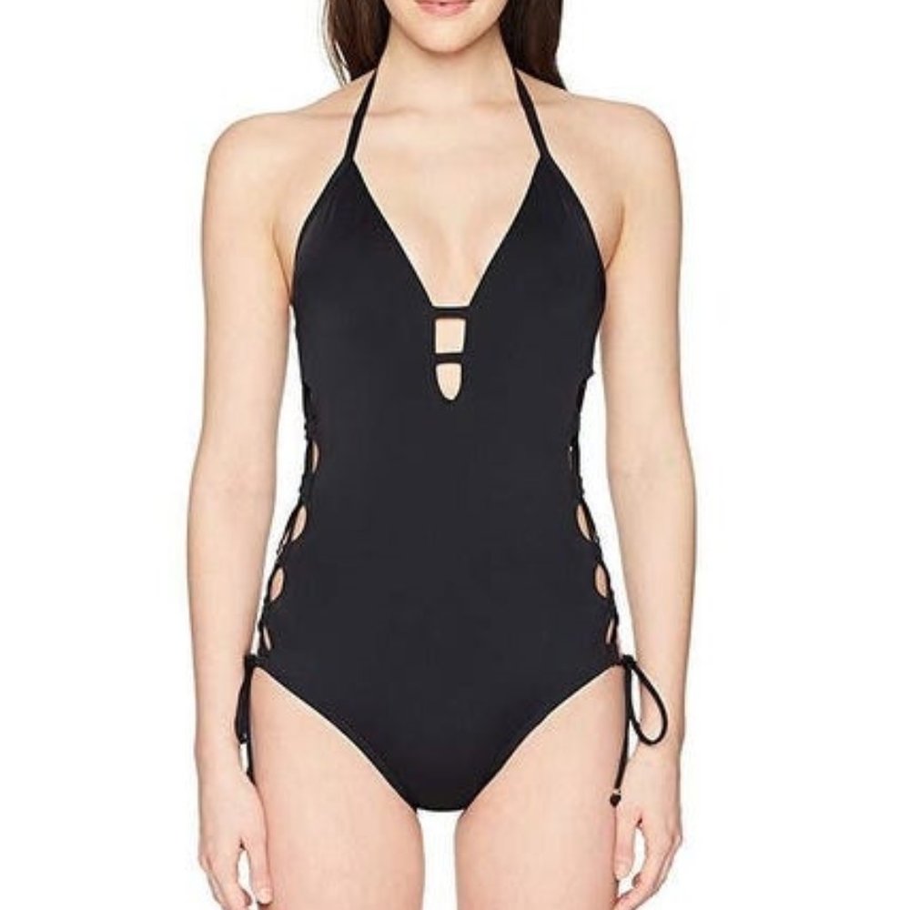 NEW! LAUNDRY Shelly Segal lace up plunge swimsuit